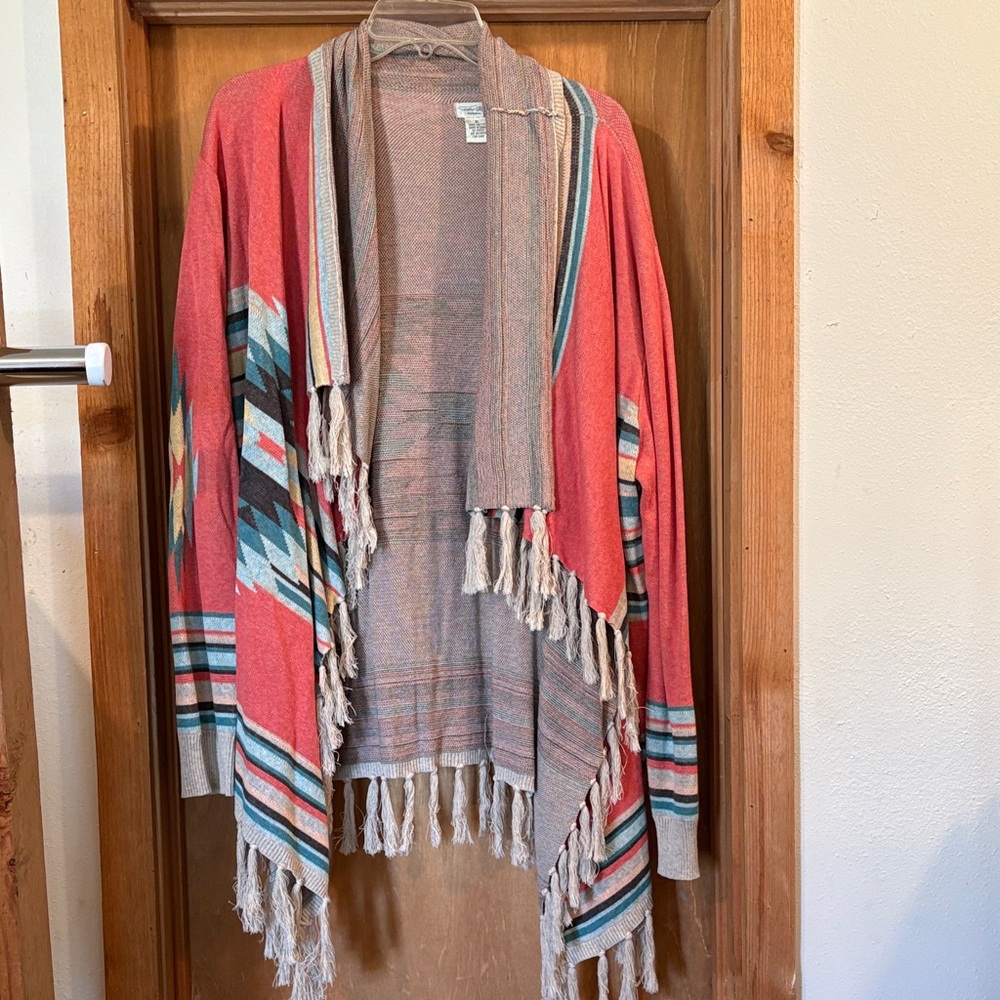 Tasha Polizzi Coral and Teal Fringe Cardigan